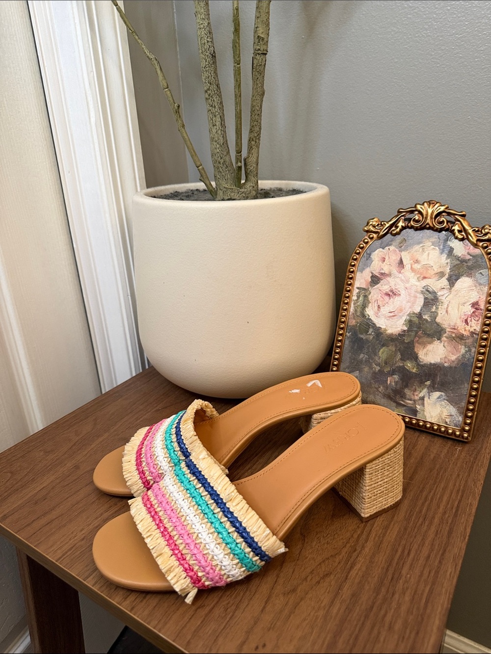J.Crew Rainbow Raffia Woven Mule Sandals Block Heel Boho Size 7 - Picture 3 of 8